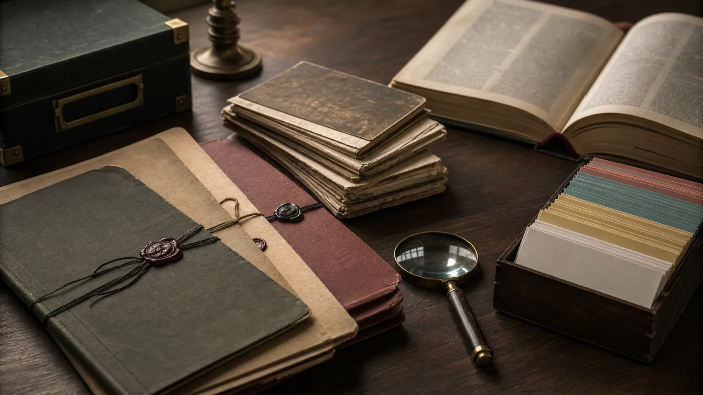 Archival source folders, reference books, and index cards on a reading table