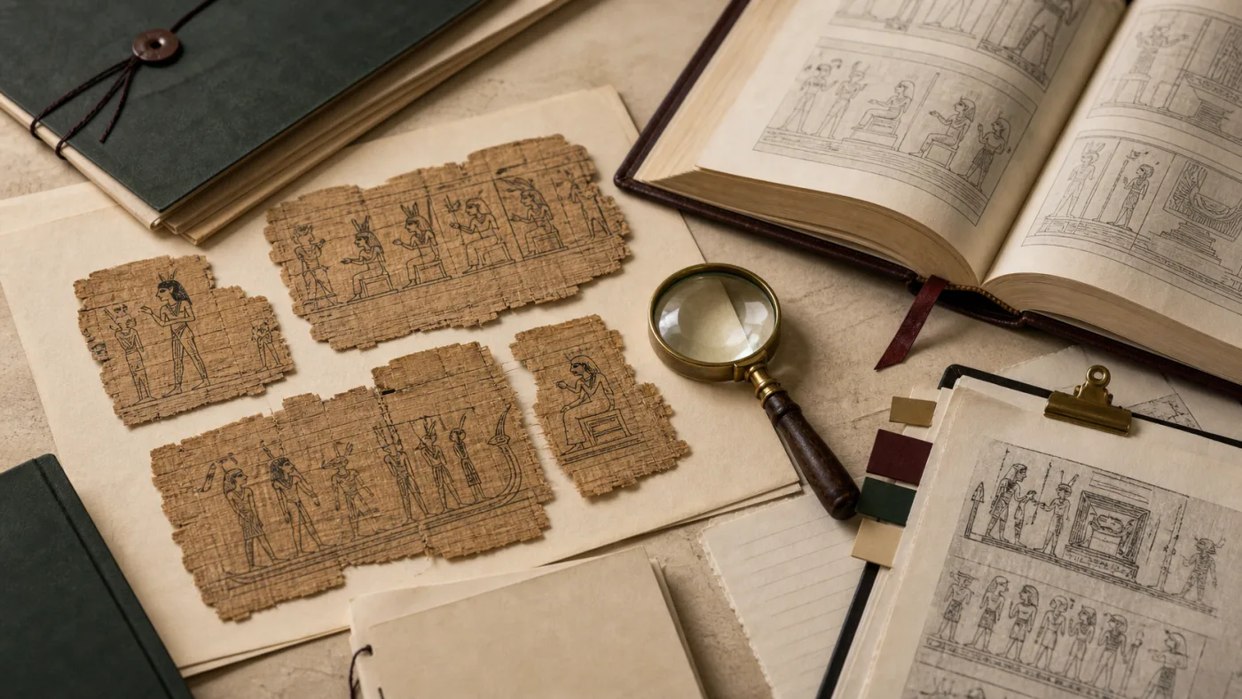 Egyptian papyrus fragments, facsimile-style notes, and archive tools on a desk