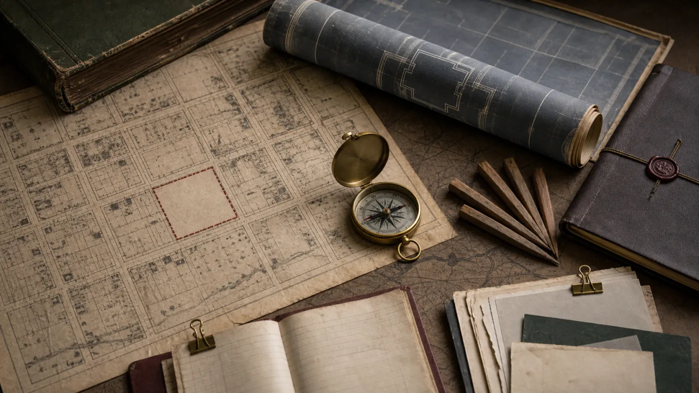 Historic town plat, empty marked lot, blueprint roll, compass, and survey stakes